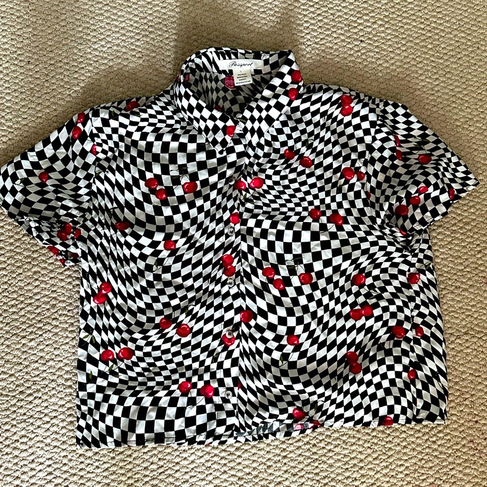 Cherry checkered cropped button up